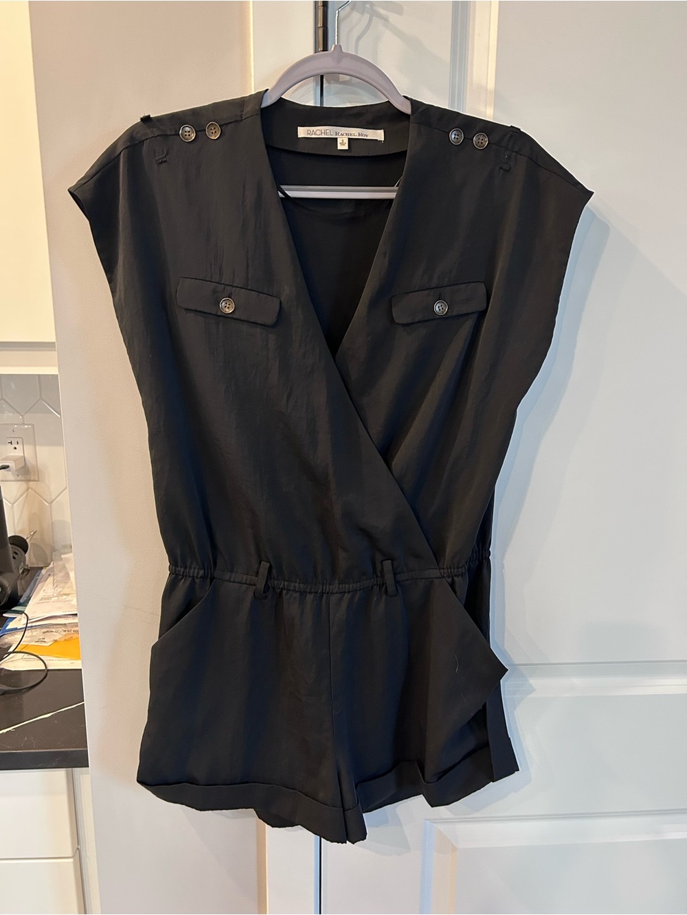 RACHEL Rachel Roy Black Satin Short Sleeve Romper Dressy One-Piece Cocktail